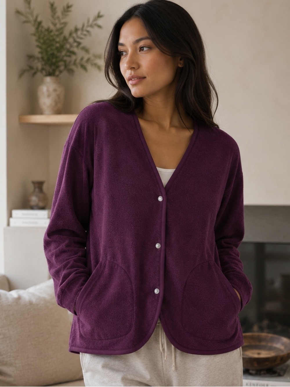 Kit and Ace Snap Front Fleece Minimalist Cardigan Purple Jacket Casual Athletic